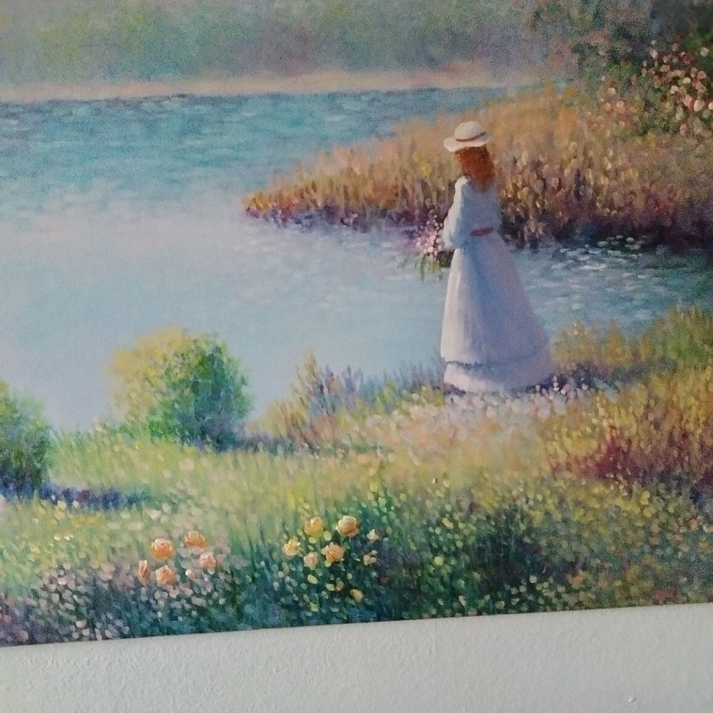 Thoroux painting of Lady by the Lake Done in soft blues, greens, and pinks.